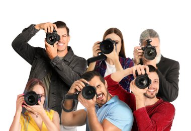 Group of professional photographers with cameras on white background clipart