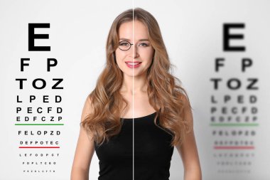 Collage with photos of woman with and without glasses and eye charts on white background. Visual acuity testing