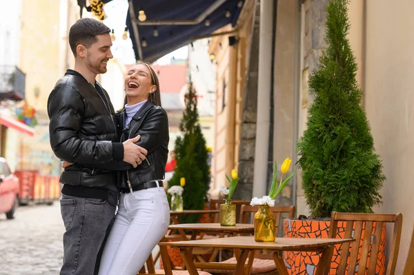 Lovely Young Couple Enjoying Time Together Outdoor Cafe Romantic Date — стоковое фото