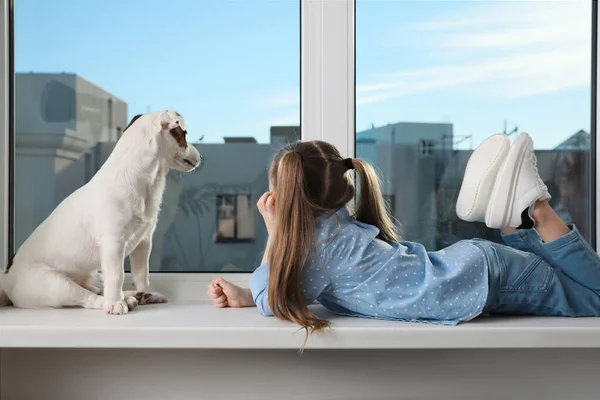 Pencere Pervazında Köpeği Olan Sevimli Küçük Bir Kız Çocukluk Hayvanı — Stok fotoğraf