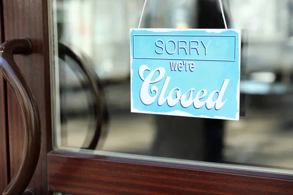 Light Blue Sign Text Sorry Closed Hanging Glass Door Coronavirus — Stock Photo, Image