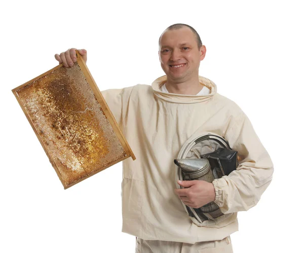 Beekeeper Uniform Holding Smokepot Hive Frame Honeycomb White Background — стоковое фото