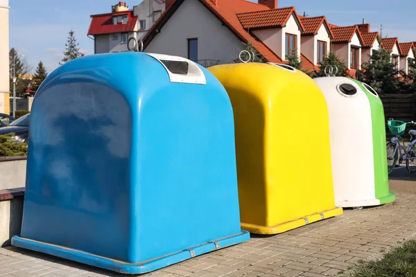 Bright Colorful Recycling Bins Outdoors Sunny Day — Foto Stock
