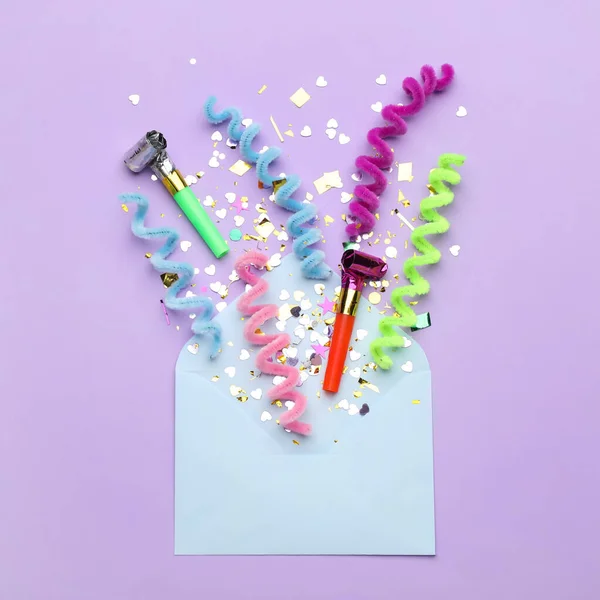 Beautiful Flat Lay Composition Envelope Festive Items Violet Background Surprise — Fotografia de Stock