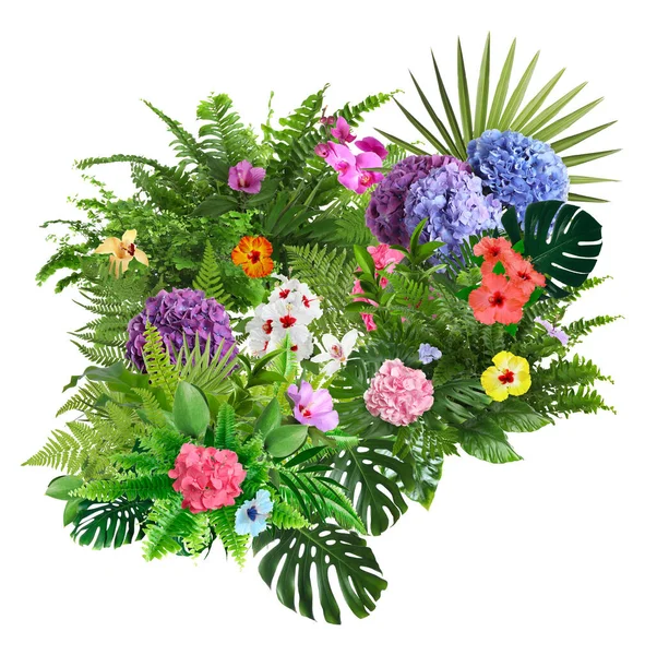 Schöne Komposition Mit Tropischen Blättern Und Blüten Auf Weißem Hintergrund — Stockfoto