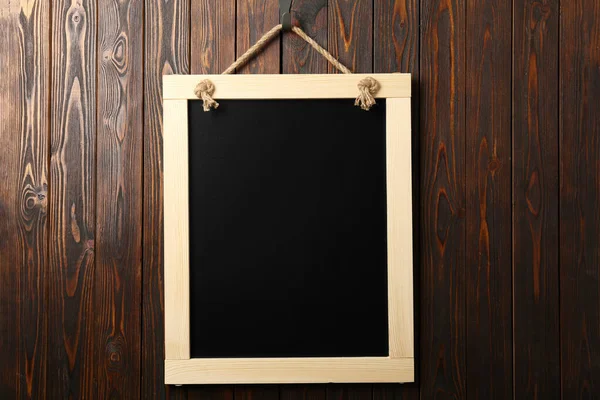 Clean Small Black Chalkboard Hanging Wooden Wall — Stock Photo, Image