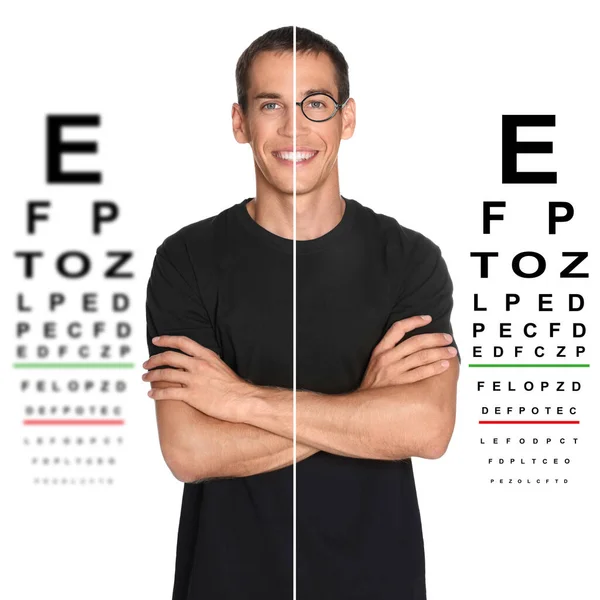 Koláž Fotografiemi Muže Brýlemi Očními Mapami Bez Nich Bílém Pozadí — Stock fotografie
