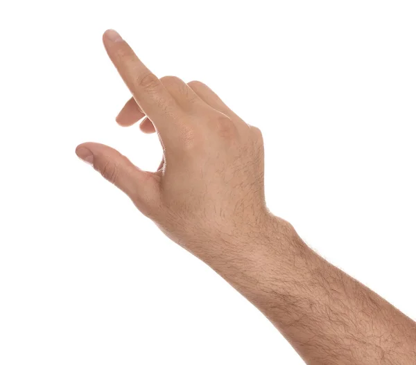 Man Pointing Something White Background Closeup Hand — Stock Photo, Image