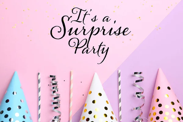 Surprise Party Flat Lay Composition Paper Hats Color Background — Fotografia de Stock