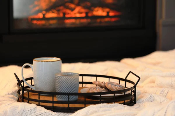 Cup Hot Drink Candle Tray Fireplace Home Space Text Cozy — Foto de Stock