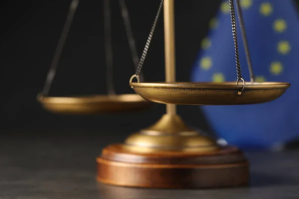 Scales Justice Grey Table European Union Flag Closeup — Stock Photo, Image