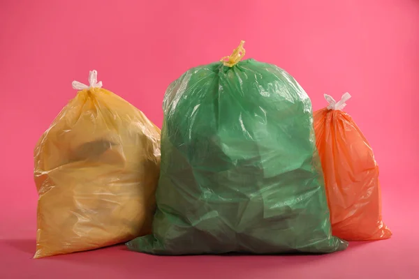 Trash Bags Full Garbage Pink Background — Fotografia de Stock