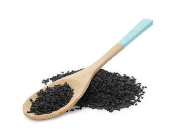 Black Sesame Seeds Wooden Spoon Isolated White — Stockfoto