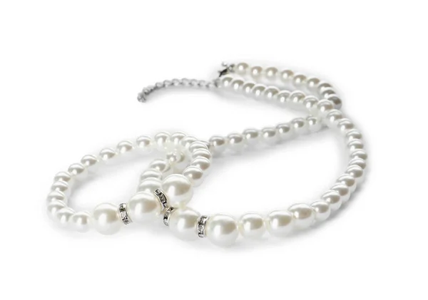 Elegante Collar Perlas Pulsera Sobre Fondo Blanco — Foto de Stock