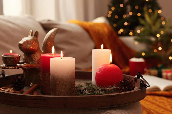 Tray Beautiful Burning Candles Christmas Decor Sofa Home — Stock Photo, Image