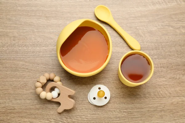 Pacifier Toy Plastic Dishware Healthy Baby Food Wooden Table Flat — Stock Fotó