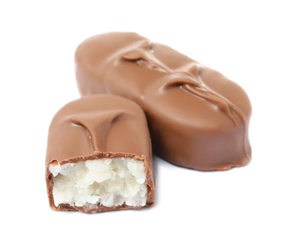 Delicious Milk Chocolate Candy Bars Coconut Filling White Background — Foto de Stock