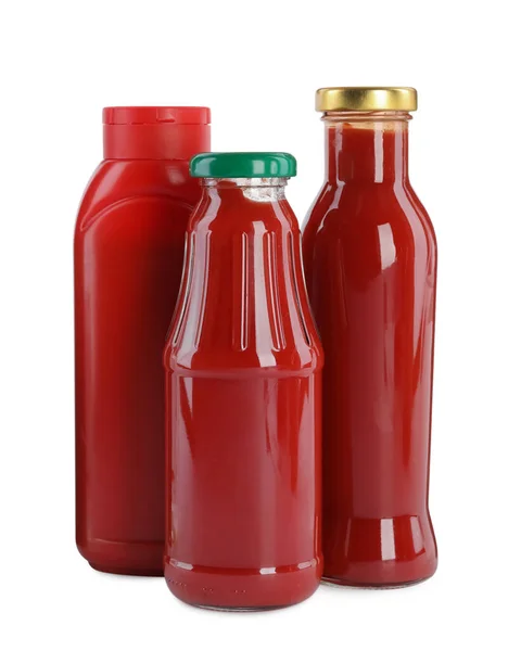 Different Bottles Ketchup White Background — 스톡 사진