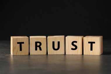 Word TRUST made with wooden cubes on grey table against black background