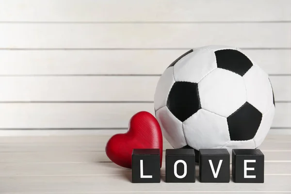 Soccer Ball Heart Cubes Word Love White Wooden Table Space — Foto de Stock
