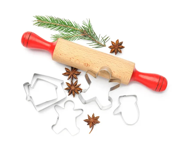 Cookie Cutters Rolling Pin Fir Branch Anise Stars White Background — Photo