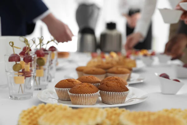 People Table Different Delicious Snacks Coffee Break Closeup — Stock Photo, Image