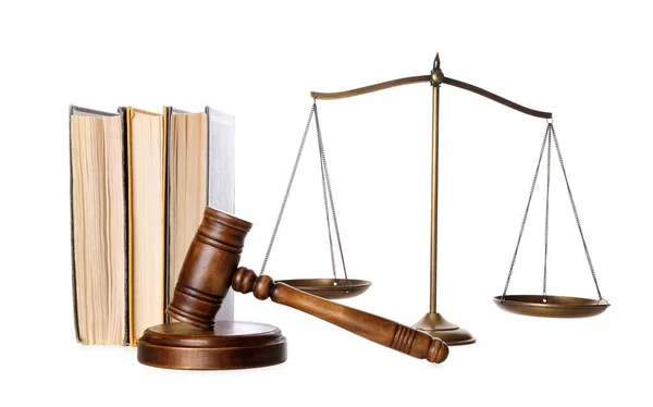 Wooden Gavel Books Scales Justice White Background — Stock Photo, Image