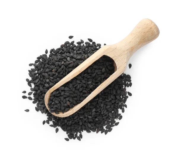 Black Sesame Seeds Wooden Scoop Isolated White Top View — Stock Photo, Image