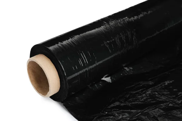 Roll Black Stretch Wrap Isolated White Closeup — стоковое фото