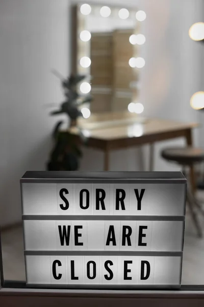 Lightbox Text Sorry Closed Hanging Glass Door Coronavirus Quarantine — Stock Photo, Image