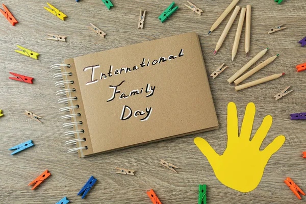 Happy Family Day Flat Lay Composition Notebook Pencils Paper Hand — Fotografia de Stock