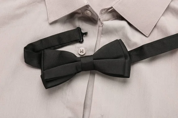 Stylish Black Bow Tie Beige Shirt Closeup — Stok fotoğraf