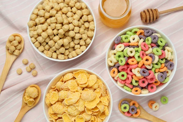 Different Breakfast Cereals Honey Napkin Flat Lay — Zdjęcie stockowe