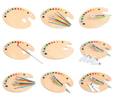 Beyaz arka planda boya ve fırçalı paletler, kolaj