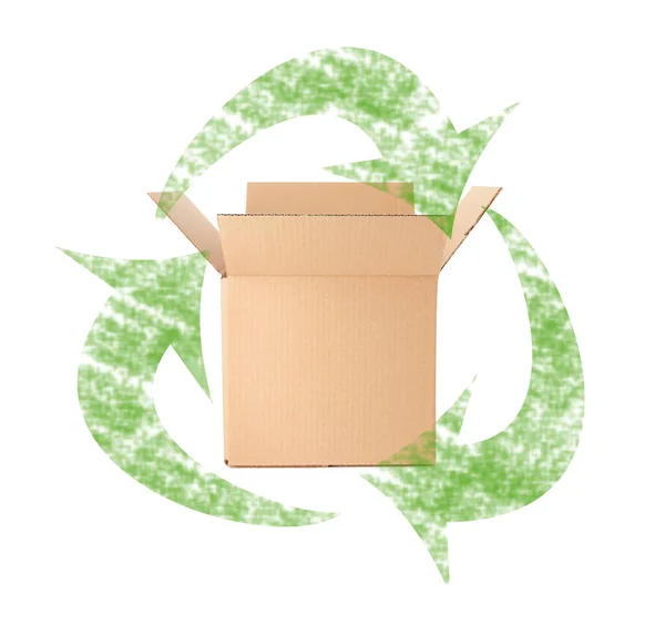 Kartónová Krabice Recyklační Symbol Bílém Pozadí — Stock fotografie