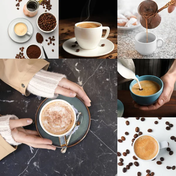 Beautiful Collage Different Photos Aromatic Coffee — Stok fotoğraf