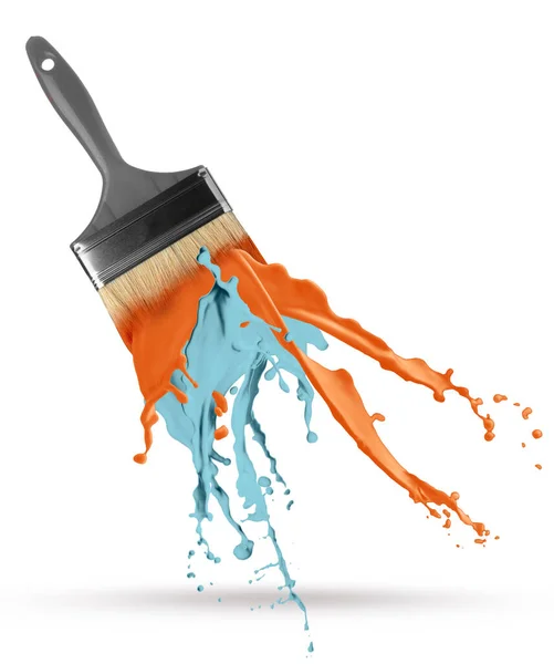 Brush Splashing Orange Light Blue Paints White Background — Stok fotoğraf
