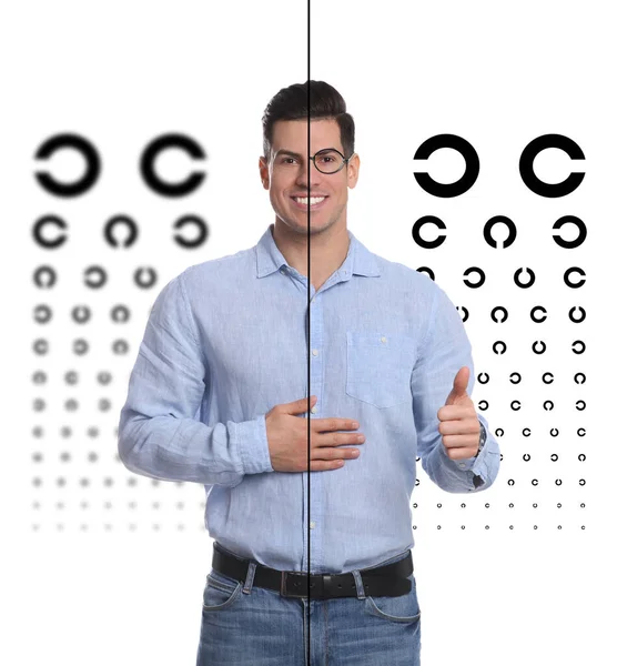 Collage Photos Man Glasses Eye Charts White Background Visual Acuity — Zdjęcie stockowe