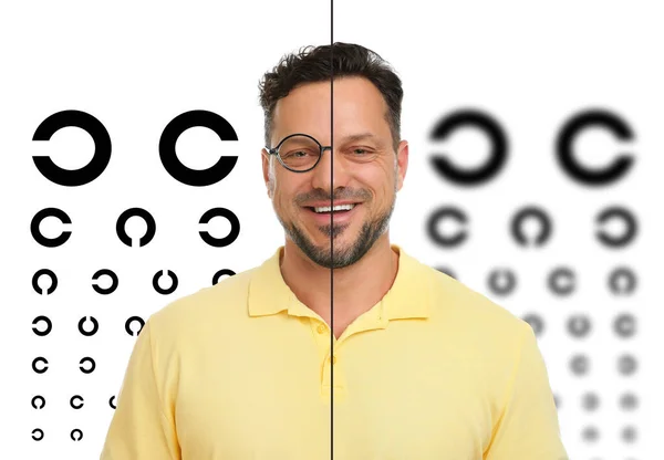 Collage Photos Man Glasses Eye Charts White Background Visual Acuity — Stockfoto