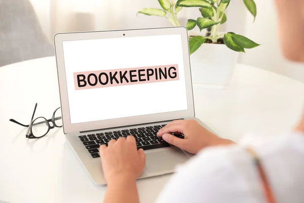 Bookkeeping Concept Woman Working Laptop White Table Closeup — Stockfoto