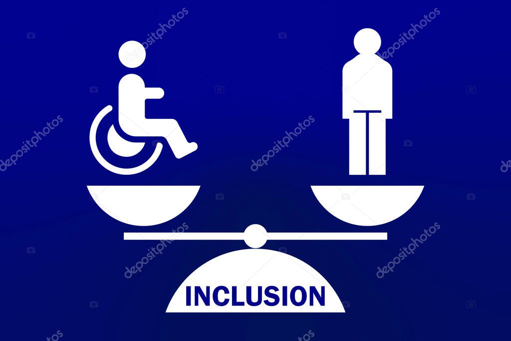 Concept of DEI - Diversity, Equality, Inclusion. Illustration of people, one with disability and scales on blue background