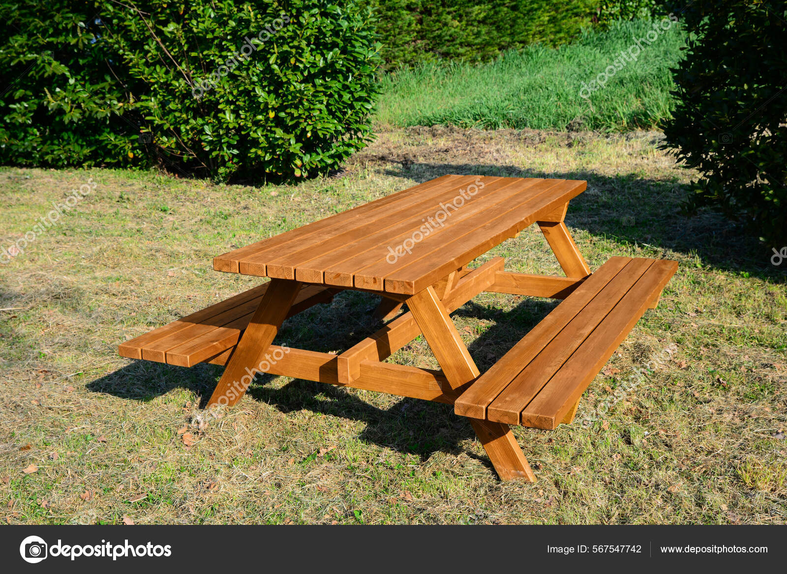Mesa Piquenique Madeira Vazia Com Bancos Parque Dia Ensolarado — Foto ©  NewAfrica #567547742, image size:1600x1168