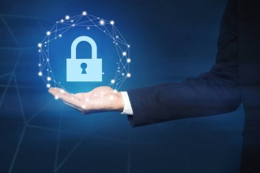 Cyber security concept. Man holding virtual icon of padlock on dark background, closeup