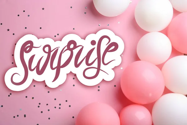 Surprise Party Many Balloons Confetti Pink Background Flat Lay — Fotografia de Stock