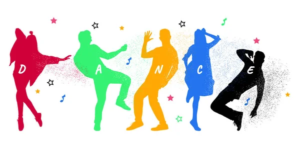 Барвисті Силуети Людей Танцюють Білому Тлі Ілюстрація Дизайн Прапора — стокове фото