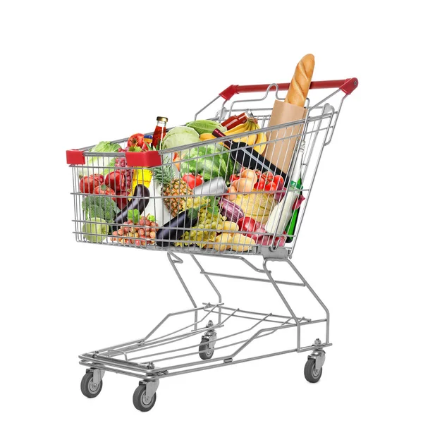 Winkelwagen Met Boodschappen Witte Achtergrond — Stockfoto