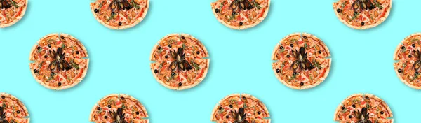 Many Delicious Seafood Pizzas Turquoise Background Flat Lay Seamless Pattern — 스톡 사진