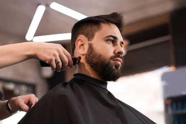 Professional Hairdresser Working Client Barbershop Low Angle View — стоковое фото