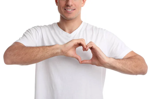 Hombre Haciendo Corazón Con Las Manos Sobre Fondo Blanco Primer —  Fotos de Stock