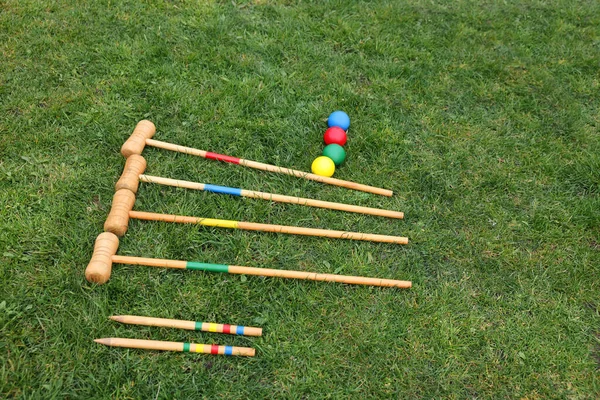 Set Croquet Equipment Green Grass — Zdjęcie stockowe